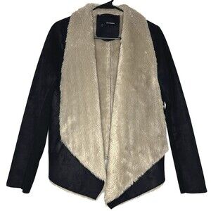 The Kooples Womens Jacket Medium Black Faux Shearling Long Sleeve Open Stretch